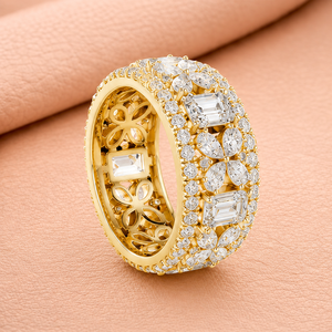 Anillo de Eternidad Floral de Lujo con Diamantes de Corte Esmeralda Cultivados en Laboratorio, Chapado en Oro Amarillo, Oro Blanco, Oro Rosa y Rodio, Joyería de Declaración - Product Image 1