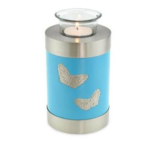 Urna Funeraria de Metal Azul con Grabado Plateado para Guardar Cenizas, Estilo Moderno - Product Image 3