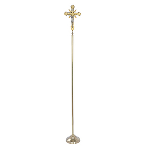 Hermosa Cruz Procesional de Latón Pulido |   Crucifijo de Iglesia con Base – DOUBLE VEE EXPORTS - Product Image 1