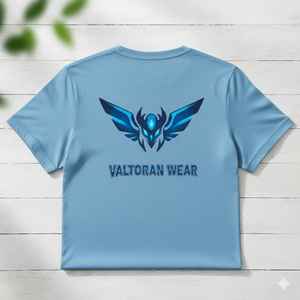 Camiseta Elite Valtoran Signature – Algodón Negro Premium de Alta Densidad, Gráfico Detallado en Azul Neón y Emblema de la Marca - Product Image 1