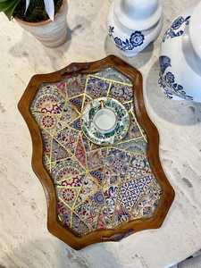 Contemporary Handmade <b>Wooden</b> <b>Serving</b> <b>Tray</b> With Hand painted Oriental Tile Pattern Bohemian Design Irregular Shape Decorative UO - Product Image 3