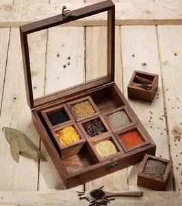 Indian Handicraft Brown Designer Wooden Spice <b>Box</b> Great for 9 Spices Storage <b>Herb</b> & Spice Tools for Kitchen & Dining - Product Image 1