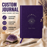 Carnet de notes spirituel LABON personnalisé à couverture rigide, avec intérieur violet, motif phases de lune et troisième œil, et détails argentés, pour la réflexion sur les rêves