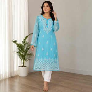 Premium Sky <b>Blue</b> Hand Embroidered Georgette Lucknowi Chikankari Straight Kurti - Elegant Ethnic <b>Tunic</b> Top - Product Image 1