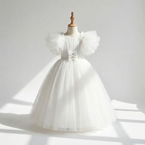 Nuevo Vestido de Princesa de Tul Blanco con Mangas Abullonadas, Largo hasta la Rodilla, Estilo Línea A, con Malla Brillante, Transpirable y Ecológico para Niñas, Ideal para Comunión - Product Image 1