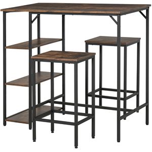 Rustic Brown 3-Piece Dining <b>Set</b> Wood Bar <b>Table</b> <b>and</b> <b>Stools</b> with Storage Shelf Space Saving Kitchen Dining Room Furniture - Product Image 1