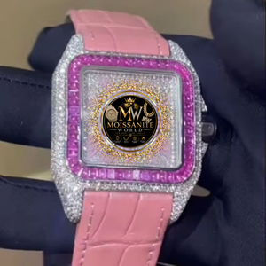 Reloj Mecánico de Esfera Cuadrada, Caja en Tono Rosa, Correa de Cuero Rosa de 20 mm, Bisel de Cristal Analógico, Reloj de Pulsera Elegante - Product Image 1