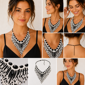 Handmade Black White Beaded Fringe <b>Statement</b> <b>Necklace</b> with Seed Beads Resin Cabochons Adjustable Chain for Women Emotion Party - Product Image 6
