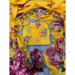 Sari à imprimé floral exquis avec des perles et des broderies Katdana sur le bord, écharpe et châle traditionnels indiens - Product Image 4
