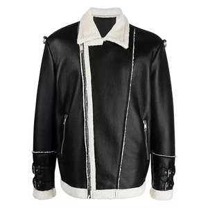 Custom <b>Men's</b> Black Faux <b>Leather</b> Shearling <b>Jacket</b> Winter Bomber Coat OEM Wholesale Manufacturer - Product Image 1
