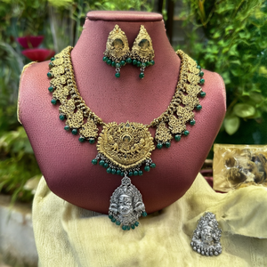 Antique Gold Plated Bridal Jewelry Set-Oxidised Silver Matte Finish Temple Necklace & Earrings - Product Image 3