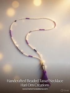 Handmade White Beaded Tassel <b>Necklace</b> Purple Tassel Boho Minimalist Long <b>Statement</b> Jewelry Gift - Product Image 4
