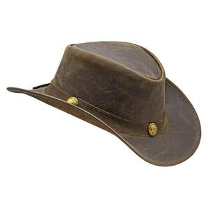 Chapeau de cowboy en cuir vieilli style rustique, type Outback, avec sangle de menton et bande ornée de conchos - Product Image 4