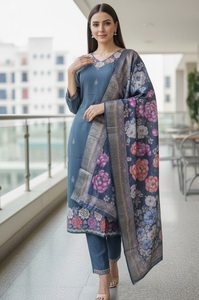 Kurtis de Algodón y Seda Color Azul Agua, a la Moda, para Oficina y Uso Diario, a Precio de Mayoreo, Conjuntos de Kurti Casuales - Product Image 3