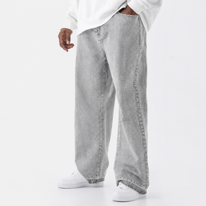 Jean en denim délavé coupe droite ample pour homme, taille mi-haute, en coton décontracté, style printemps 2026 - Product Image 1
