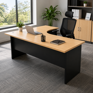 Escritorio de Oficina Extensible Moderno en Forma de L con Superficie de MDF y Base Negra, Mesa de Conferencia para Uso Comercial y en el Hogar - Product Image 1