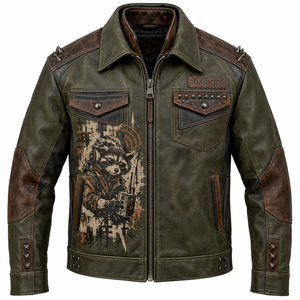 Chaqueta de Cuero Genuino Verde Oliva para Hombre, Estilo Motero con Tachuelas, Estampado Gráfico de Mapache, Abrigo con Tachuelas, Fabricante OEM ODM, Exportación a Granel - Product Image 1