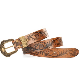Genuine <b>Leather</b> Western Belt Floral Engraved Hand <b>Tooled</b> Copper Buckle Vintage Casual Style Durable Cowhide <b>Tooled</b> <b>Leather</b> Belt - Product Image 4