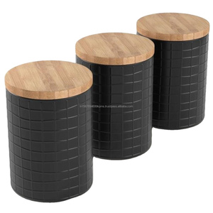 Boîtes métalliques avec bouchon en bois Sucre Thé Café Conteneurs de stockage Métal Noir Fini Multifonctionnel Boîte de rangement - Product Image 1