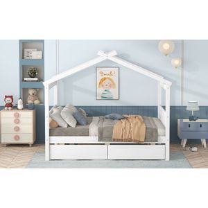 Letto a capanna in legno bianco a grandezza naturale con cassetti per bambini - Product Image 4