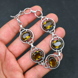 Handmade Smokey Quartz Oval Cut <b>Gemstone</b> Rhodium Plated Claw Setting Christian Wedding Gift <b>Bracelet</b> for Women 7-8'' - Product Image 2