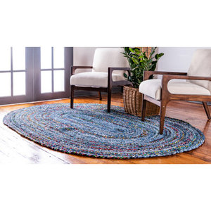 Tapis rond tressé bleu multicolore à motif abstrait, style bohème, fils recyclés, poils moyens, pour salon - Product Image 6