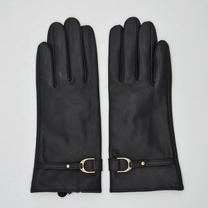 Black Leather Full <b>Finger</b> Fashion Bike Riding Leather <b>Gloves</b> With D-Ring Closure Wrist Length Thermal For Daily Winter Use - Product Image 1