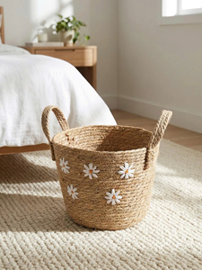 Natural Seagrass Basket Organizer with Handle, Scalloped Design Nursery Basket, Handmade in Vietnam - Product Image 2