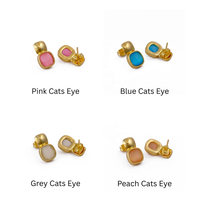 Boucles d'oreilles clous géométriques pour femme en acier inoxydable plaqué or, anti-ternissement, élégantes, avec pierre œil-de-chat bleue facettée en forme de coussin
