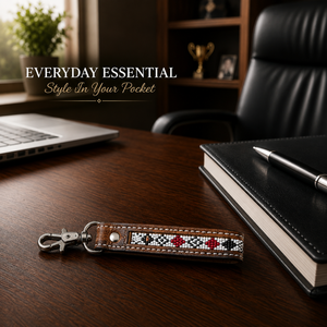 Handcrafted Brown Leather Beaded Keychain with Red Black White Pattern <b>Engraved</b> Accent Metal Swivel Clasp Western <b>Key</b> <b>Ring</b> Bag - Product Image 4
