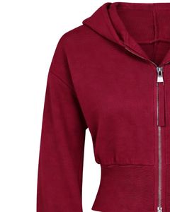 Womens Wine Red <b>Cropped</b> <b>Zip</b> <b>Up</b> Hoodie Slim Fit Long Sleeve Casual Streetwear Cotton Fleece Sweatshirt Custom Logo ODM Factory - Product Image 4