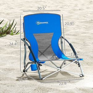Juego de 2 sillas de playa plegables de color azul oscuro con bolsa de transporte trasera de malla y portavasos para acampar al aire libre, deportes de césped y picnics - Product Image 3