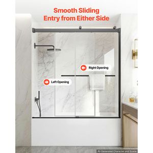 Porte de douche coulissante sans cadre 60"W x 60"H noire en verre trempé transparent de 5/16" pour baignoire à double coulissement - Product Image 6