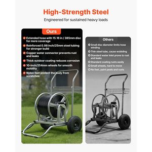Carro enrollador de manguera de jardín de alta presión de 200/300 pies con dos ruedas, almacenamiento de malla resistente y mango conveniente para mangueras de agua - Product Image 4