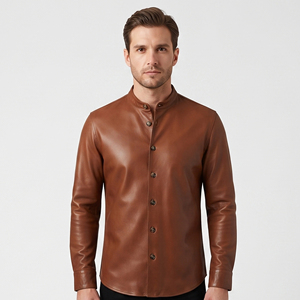 Chemise en cuir boutonnée pour homme, col montant, manches longues, fermeture à boutons corne, respirante, anti-boulochage, infroissable - Product Image 6