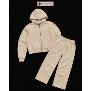 Ensemble de survêtement beige clouté pour homme – Hoodie zippé et pantalon – Tenue décontractée streetwear – Survêtement de jogging personnalisé en gros – Vêtements de sport 100 % coton - Product Image 5