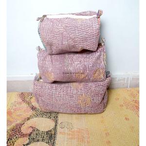 Indian Kantha patchwork Cotton Cosmetic Bag Set with Tassel Zipper Closure Vintage Style-Women's Travel Makeup Pouch - Product Image 1