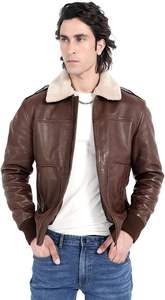 Blouson aviateur en cuir véritable marron avec col en sherpa pour homme - Product Image 2