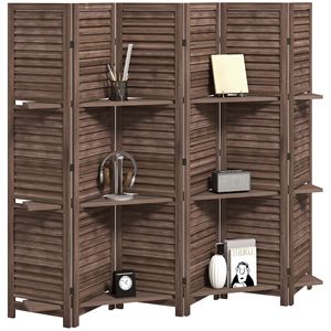 67\" Tall Wood Privacy <b>Screen</b> Divider 3 Shelves 6 Panel Traditional Freestanding Divider for Dining Walnut <b>Folding</b> Storage for - Product Image 1