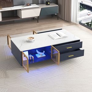 Tavolino da Caffè Moderno Multicolore con Illuminazione, 2 Ante in Vetro, 4 Cassetti e Gambe in Metallo Dorato, 120 cm - Product Image 4