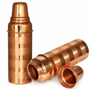 Bouteille d'eau et thermos en cuivre poli avec bandes en relief, couvercle à vis, design classique, réutilisable pour l'extérieur et le bureau - Product Image 5