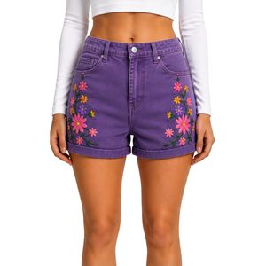 Shorts en jean taille haute pour femmes, couleur violette, avec broderie florale colorée, shorts décontractés d'été, fabricant OEM ODM sur mesure - Product Image 1