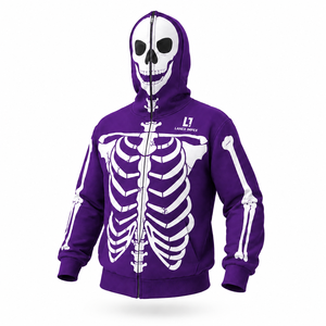 Custom Men Skeleton Hoodie Skull Bone Print Full <b>Zip</b> Sweatshirt Gothic Streetwear Jacket Halloween Costume Purple Graphic Print - Product Image 1