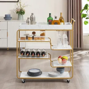 Modern Gold Metal Bar Cart with Marble Top Multi Tier Rolling Serving Trolley for Party and Home Use - Product Image 1
