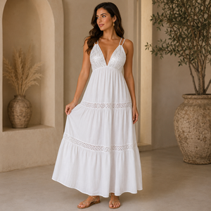 Womens White Eyelet Lace Maxi Dress Deep V Neck Double Strap Sleeveless Tiered Flowy Summer Beach Resort Holiday Elegant Boho - Product Image 2