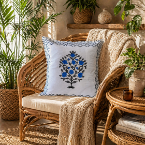 Designer <b>Blue</b> Floral Cotton Cushion Cover Handmade Style Decorative Pillow Cover for <b>Sofa</b> and Bedroom - Product Image 3