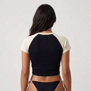 Top Corto para Mujer, Diseño Sólido, Cuello Redondo, Manga Corta, Transpirable, Ligero, con Spandex y Malla con Pedrería en la Parte Delantera - Product Image 5