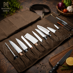 Maysara 13 Pocket Chef Knife <b>Roll</b> <b>Bag</b> Waxed Canvas & Genuine Leather Knife Carrier for Chef Travel Friendly Culinary <b>Tool</b> <b>Bag</b> - Product Image 5