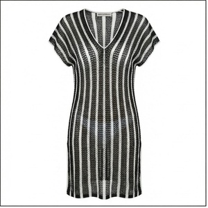 Women's Striped Knitted Swimdress V-Neck Hollow Out Stretch Beachwear Regular Fit Short Sleeve Textured Pattern - Product Image 1