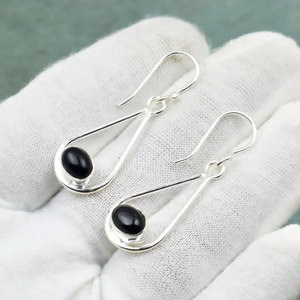 Minimalist Black Onyx <b>Earrings</b> <b>Silver</b> Plated Brass Long Drop <b>Dangle</b> <b>Earrings</b> Elegant Boho Jewelry for Women Gift - Product Image 3